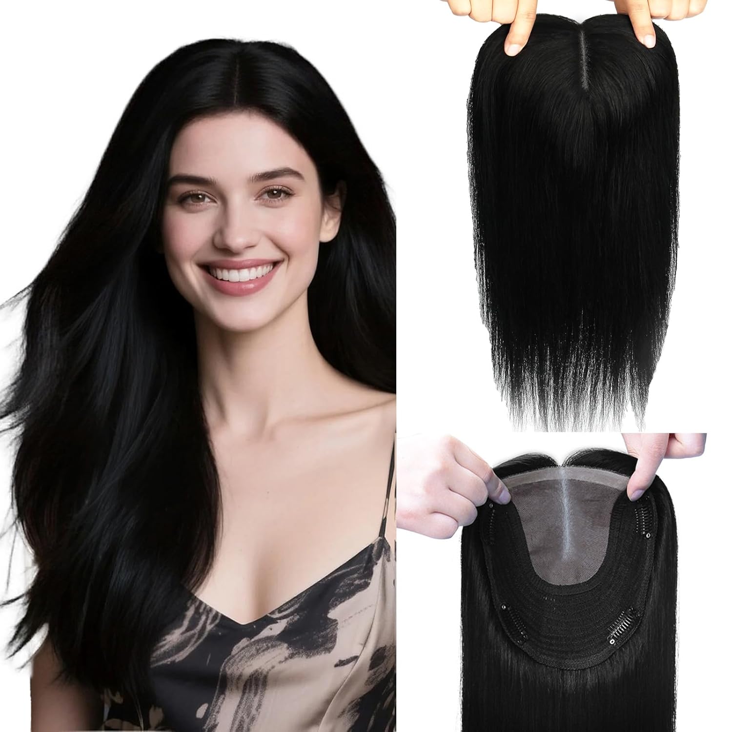 Hair Toppers for Women Real Human Hair, Hair Pieces for Women with Thinning 6x7inch Large Base 360° Cover 12inch Add Volume 55g(#1Toppers-12inch)