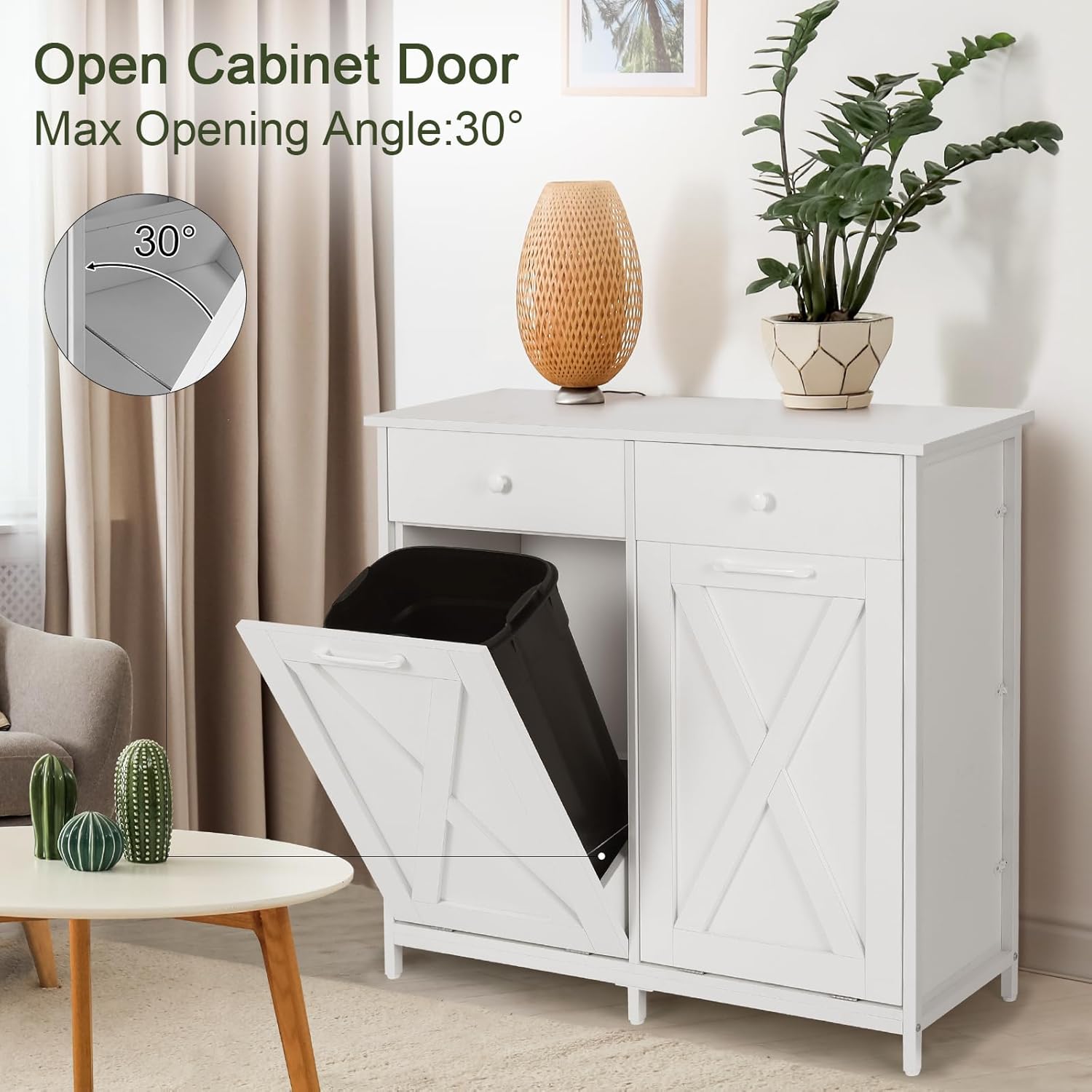 Clevich Double Tilt Out Trash Bin Holder, Wooden Recycling Cabinet w/Drawers & Tabletop, Dog-Proof, NOT Included(White)