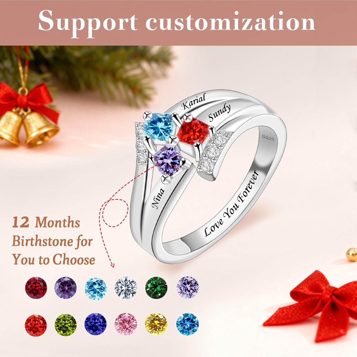 S925 Sterling Silver Personalized 3 Stone Mothers Ring Women Engraved Name Rings for Mom Gemstone Birthstone Forever United For Her Engagement Promise Ring For Women