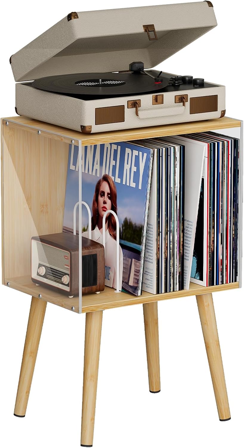 Bamboo Vinyl Record Storage with Acrylic Side Panels ,Record Player Stand Holds 100+ LPs,,Mid-Century Vinyl Record Player Stand,Turntable Stand with Storage for Living Room, Bedroom and Small Space