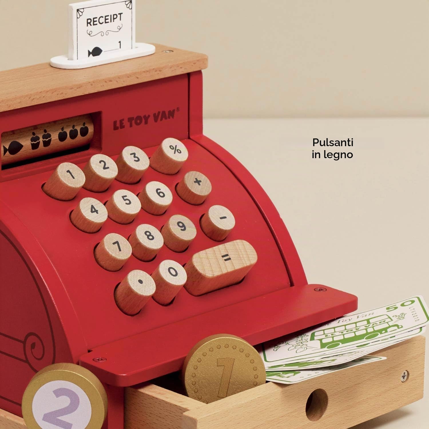 Le Toy Van Gioco educativo per bambini dai 3 anni registratore di cassa in legno con scontrino, monete e banconote, giocattolo ecologico, Montessori, in legno certificato FSC