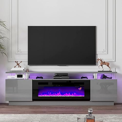 LUXOAK Moderno soporte de TV con chimenea eléctrica de 36 pulgadas, consola multimedia de acabado brillante con almacenamiento abierto, centro de