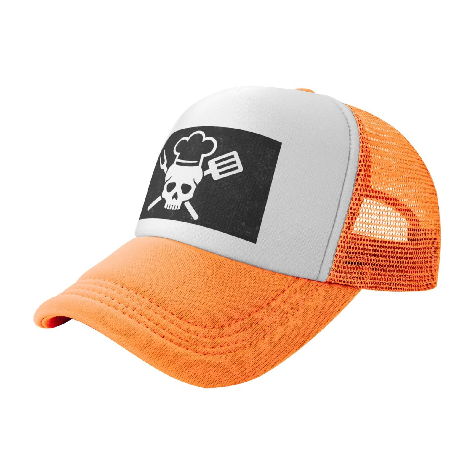 Skull-Chef Cooking Skull Trucker Hat Summer Mesh Cap with Adjustable Snapback Strap Unisex Orange