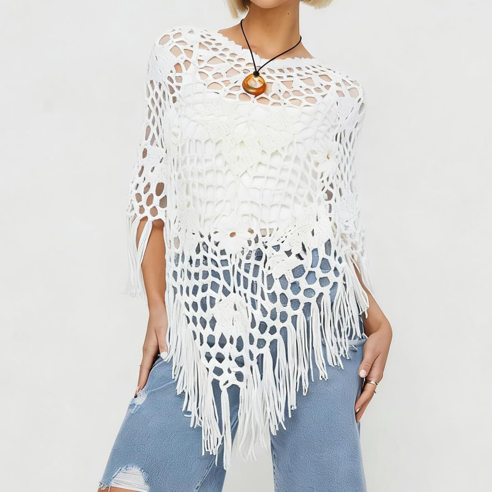 Genérico Poncho Y Capa De Punto Y Ganchillo Para Mujer Diseño Floral Con Flecos, Estilo Boho Y Casual Cubrebaños Chal Envolvente