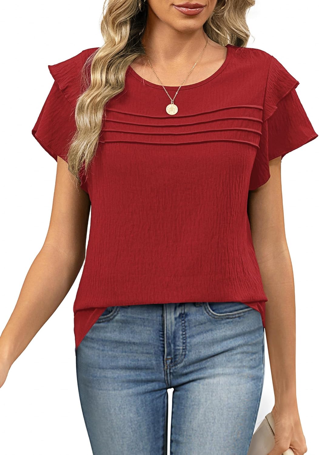 Funlingo Womens Dressy Casual Blouses Summer Ruffle Short Sleeve Tops Crew Neck Pleated Front Shirts 2026