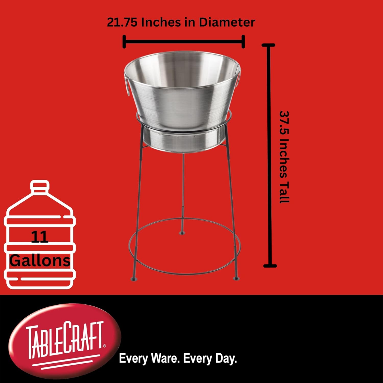 TableCraft BT2137N Beverage Tub with Stand, 20" Stainless Steel, 11 Gal Capacity, Round Single Wall, Brickhouse Collection, Commercial Grade for Parties, Events, Indoor or Outdoor Use