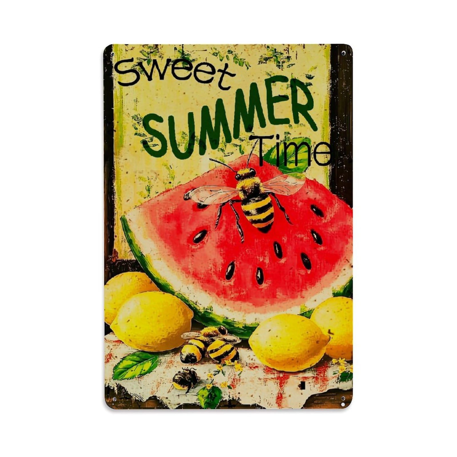 Jdyaojiesheng Vintage Sweet Summer Time Watermelon Bee Tin Sign Retro Metal Wall Decor Metal Poster, Home Bar Garage Farmhouse Cafe Wall Art Decoration 8X12inches