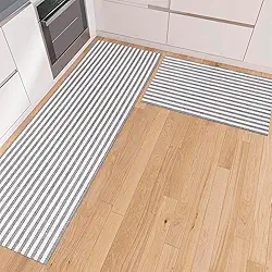 Kit Tapete Cozinha 2 pçs Passadeira Emborrachada 1,30m x 45cm Capacho Antiderrapante 65cm x 45cm Artesanal de Tear 100% Algodão Cru Preto Listrado Lavável