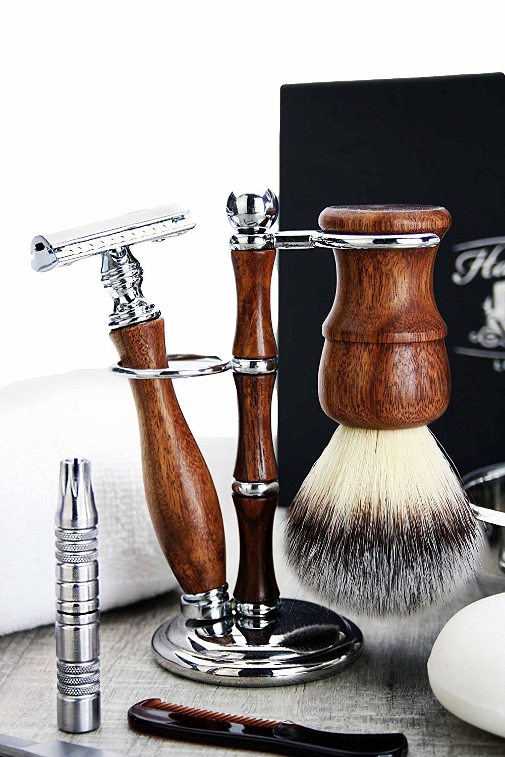 Set di rasatura DE con pennello da barba sintetico, doppio supporto, ciotola da barba e sapone, forbici baffi, pettine per baffi, taglianaso