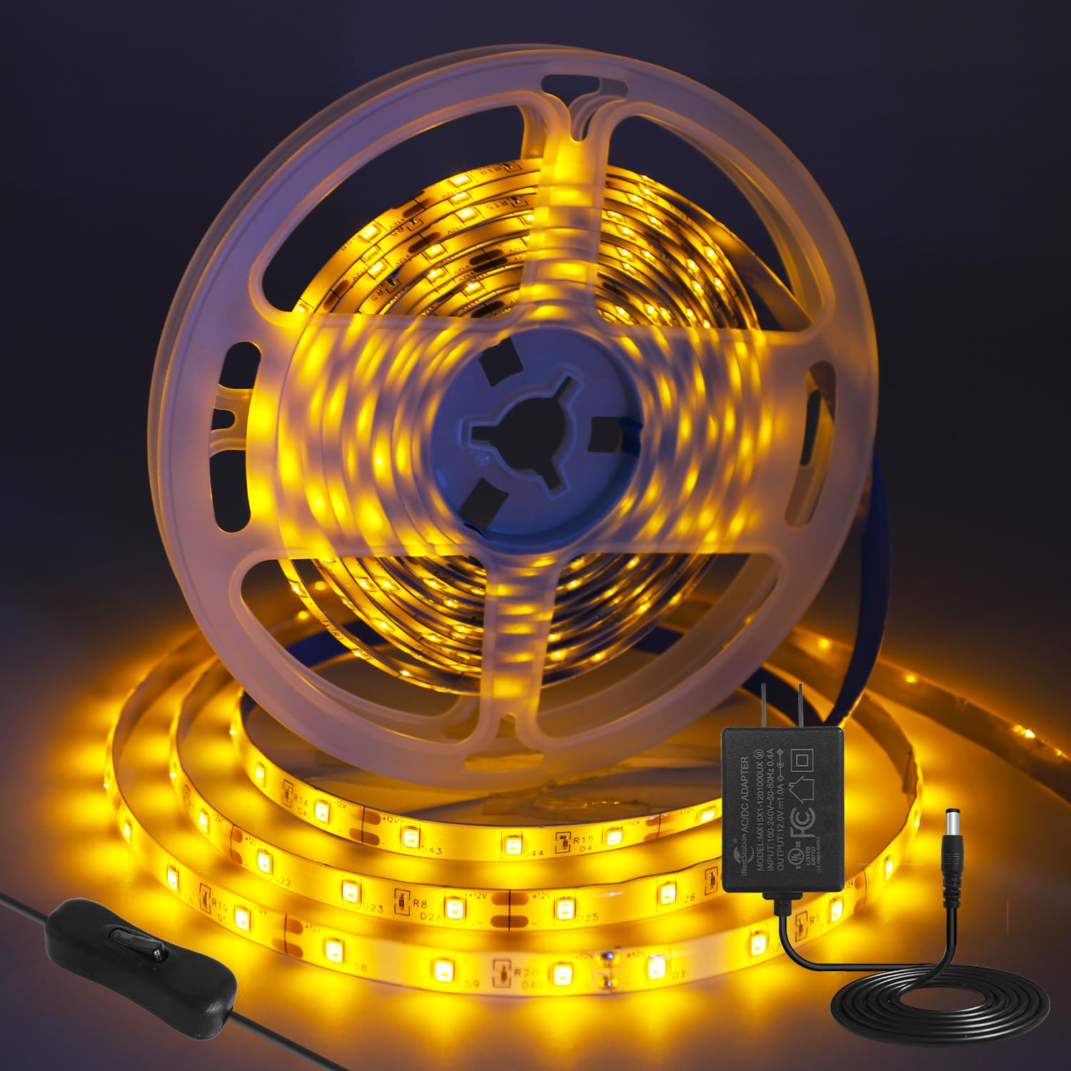 iNextStation 12V LED Streifen Gelb, 5M/300 LEDs SMD 2835 Schneidbar LED Strip IP65 Wasserdichtes Selbstklebend LED Leiste Band für DIY Innen Küche Weihnachten Deko, Mit Netzteil