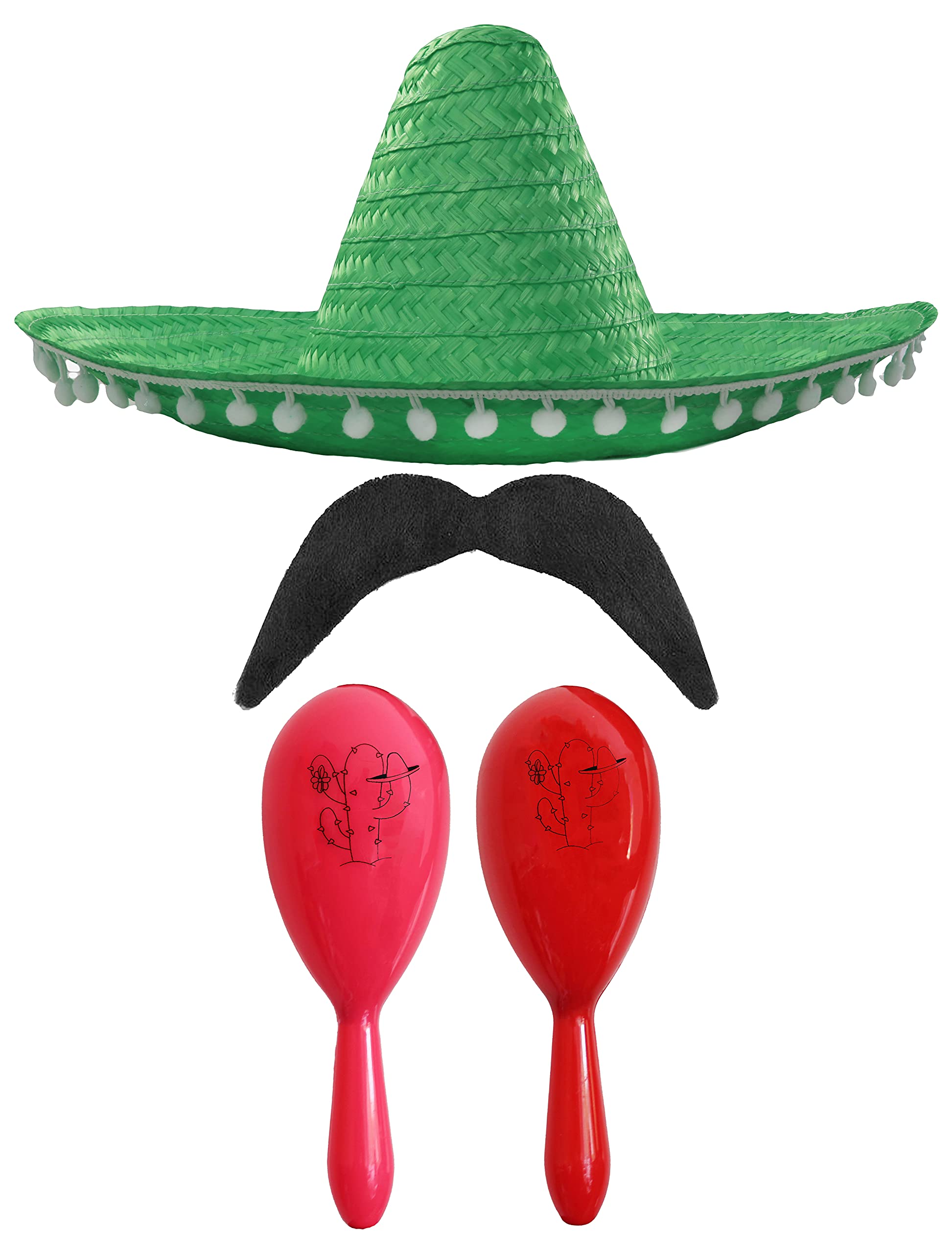 Adults Mexican Accessory Set - Green Mexican Sombrero, Pink & Red Maracas, Moustache - Mexican Cinco de Mayo Sensorita Bandit Mariachi Fancy Dress Costume Accessory Set — image 1