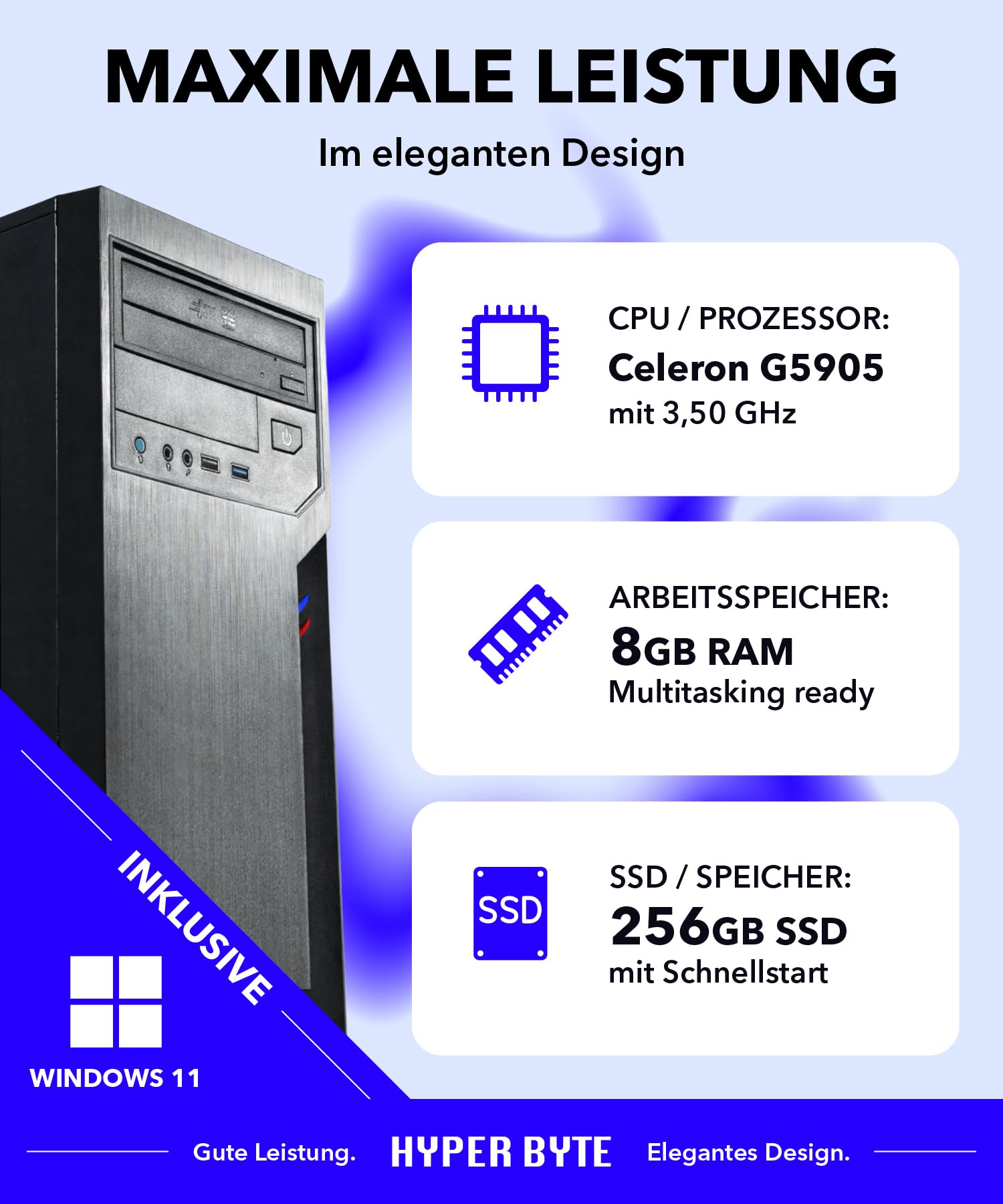 HYPER BYTE® Office PC – Computer mit Intel Prozessor - 3,5 GHz – 8 GB RAM DDR4 – 256 GB SSD Festplatte – DVD - WLAN + Windows 11 Pro | Tower PC/Rechner