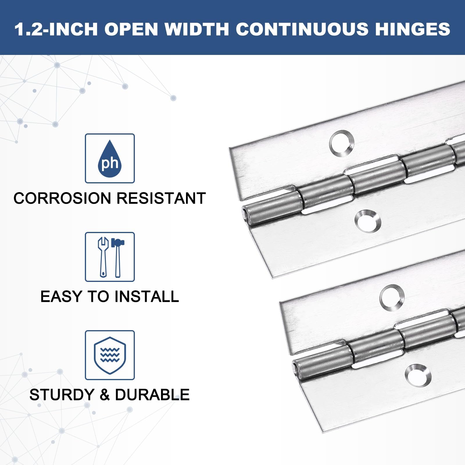 PATIKIL 8x1.2 Inch Piano Hinge,4 Pcs 304 Stainless Steel Continuous Hinge with Holes for Piano Gate Door Wooden Storage Box Cabinet Boat,Silver - Image 4