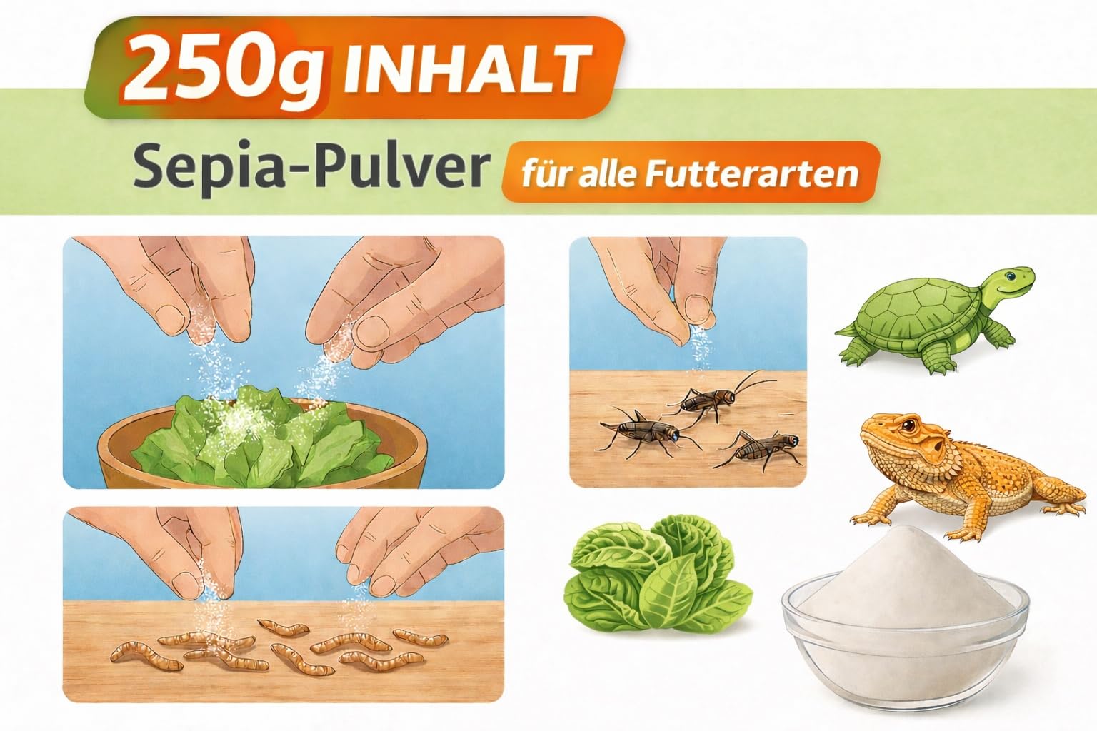 Tropic Shop Sepia proszek 250 g – naturalny wapń dla gadów, żółwi i ptaków – drobno zmielony, idealny do zapylania paszy – bardzo wydajny