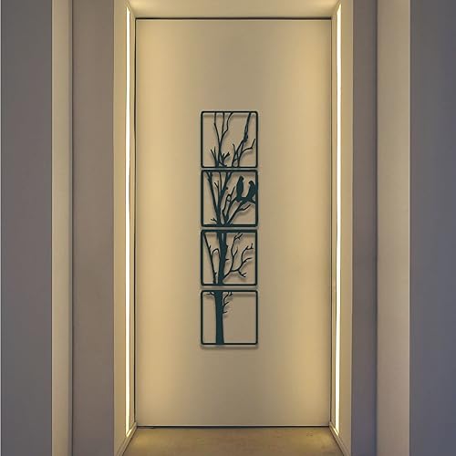 Arte de árbol de metal, decoración de pared de metal, arte de pared de árbol y pájaros de metal, 4 paneles colgantes de pared, decoración del árbol
