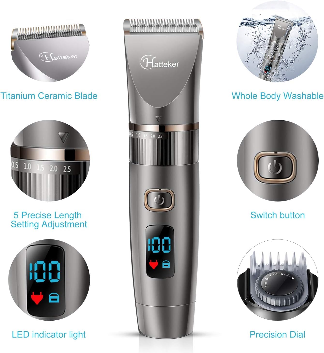Hatteker Tondeuse Cheveux Professionnelle Sans Fil Barbe Hommes Rasoir Corps Tondeuse de Précision Imperméable 3 en 1