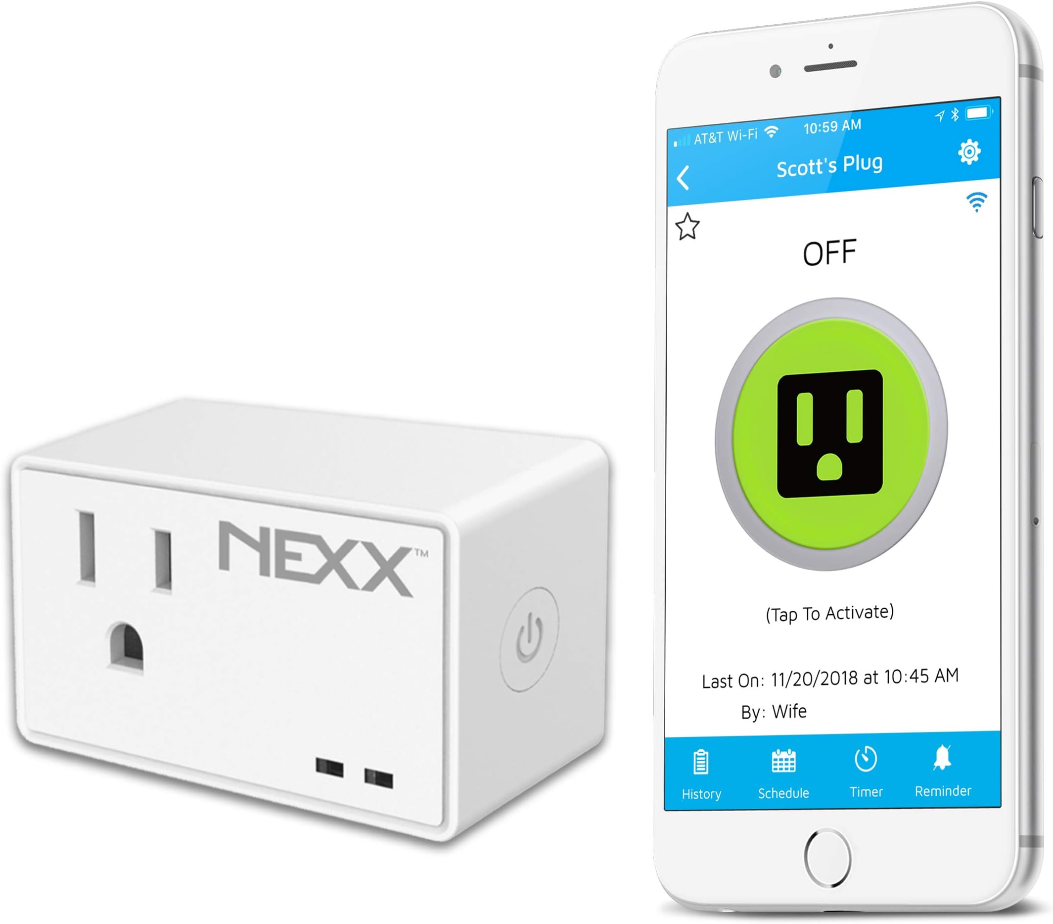 NEXX NXPG-100W WiFi Smart Plug with Geofencing Technology Control, Schedule and Monitor Appliances, TVs, Lamps, and More Using Smartphone, Siri, Amazon Alexa, Google Assistant. No Hub Required, White