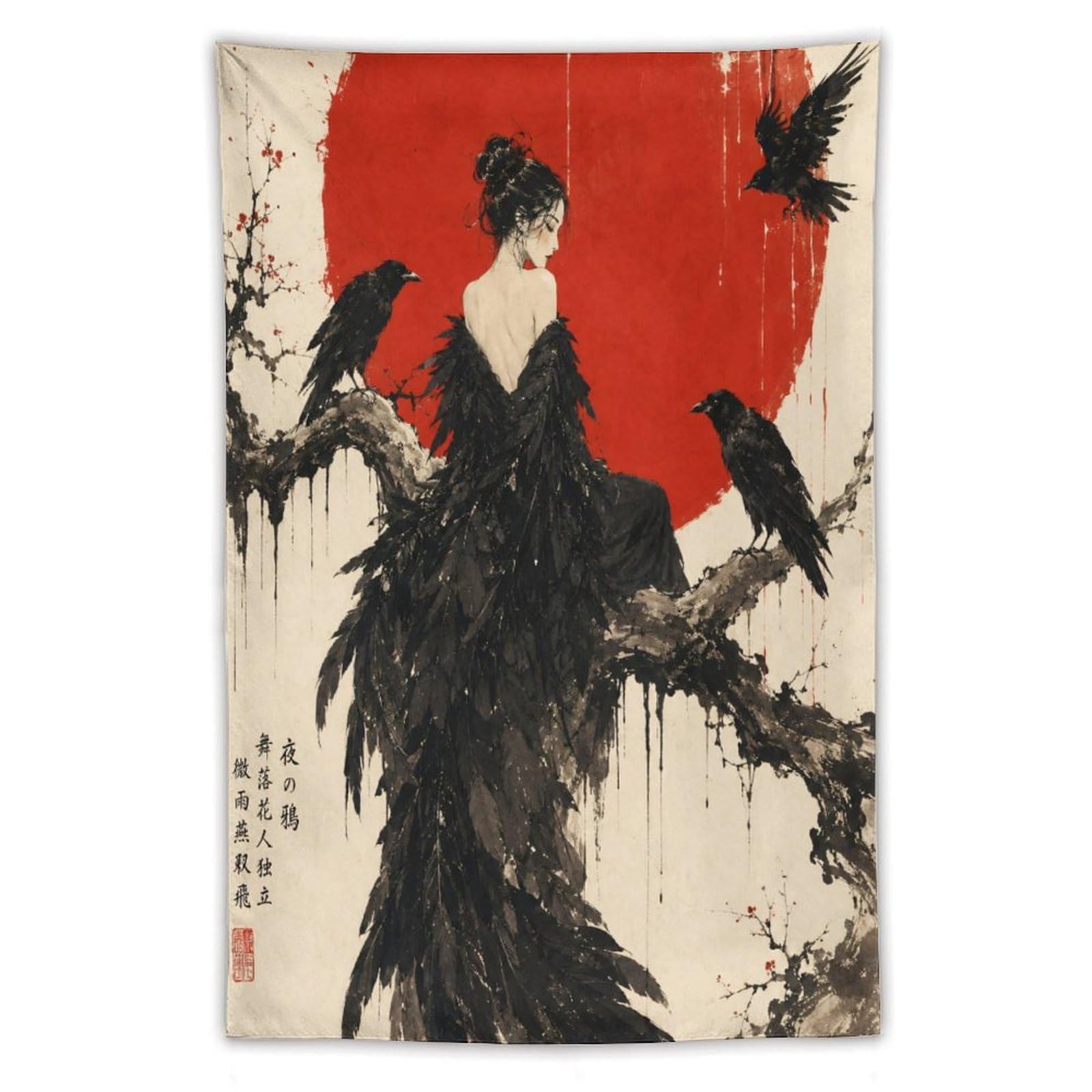 W7C8U2X3 Raven Woman with Black Feathers Wall Tapestry, College Dorm