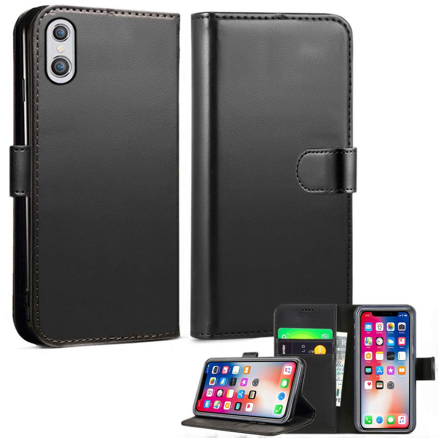 iPhone XS Leather Wallet Case - Folio Flip Book Cover with Magnetic Closure - Adjustable Viewing Stand (iPhone XS, Black)
