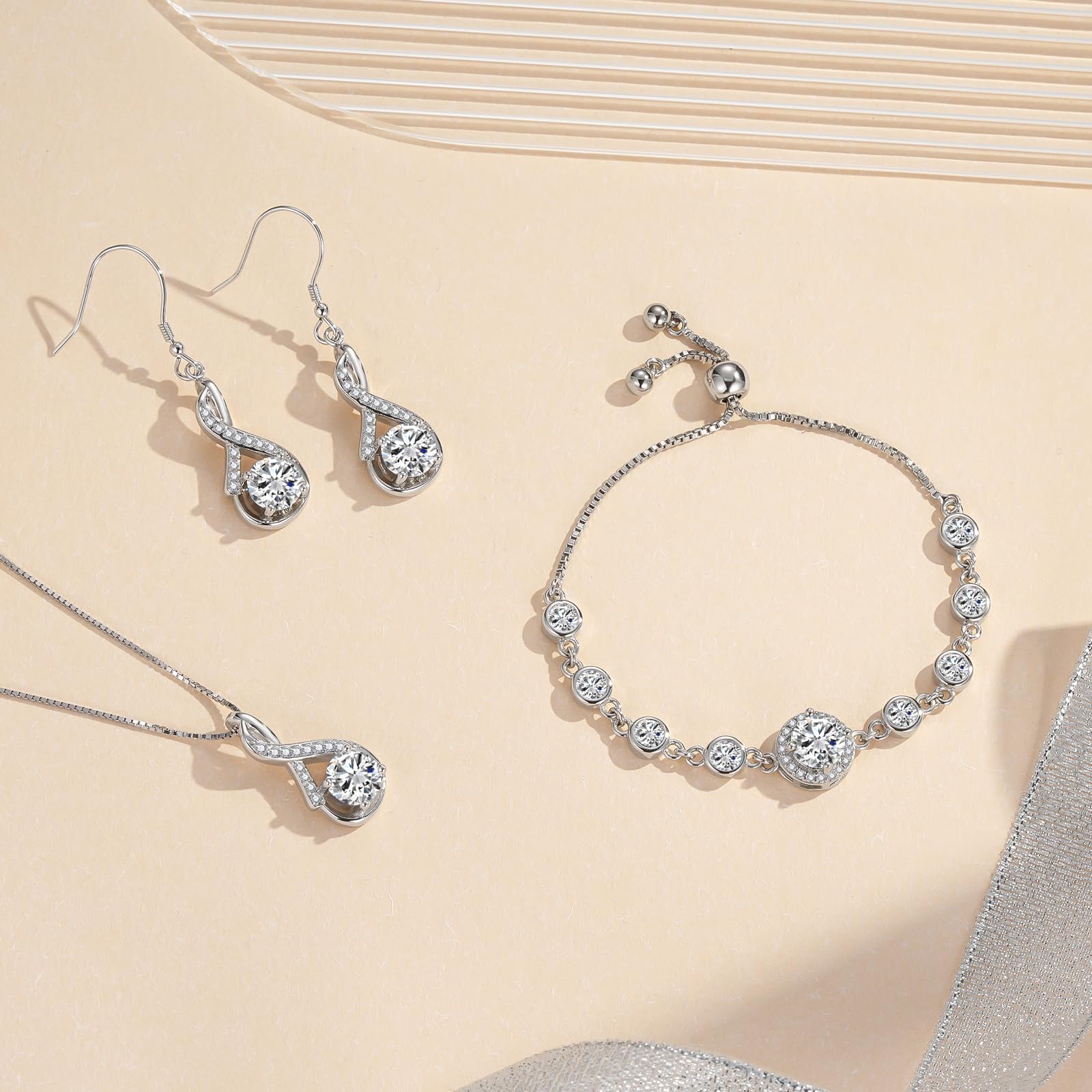 Silber Schmuck Set Damen, 925 Sterling Silber Halskette & Ohrringe & Armband Set mit AAAAA Cubic Zirkonia, Unendlichkeit Silberschmuck Damen 925 Hochzeitstag Liebesgeschenk für Braut Frauen