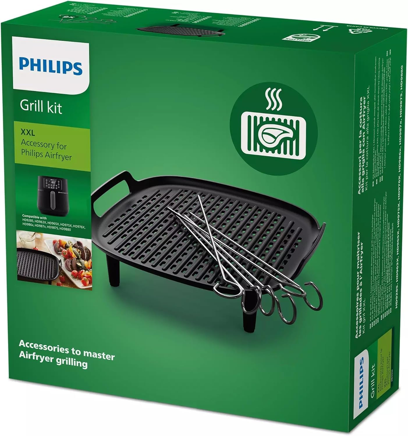 Philips Airfryer XXL zestaw akcesoriów do grilla nieprzywierająca płyta grillowa dwuwarstwowa akcesoria 6 szaszłyków do zmywarki do naczyń, aplikacja receptur HomeID czarny (HD9959/00