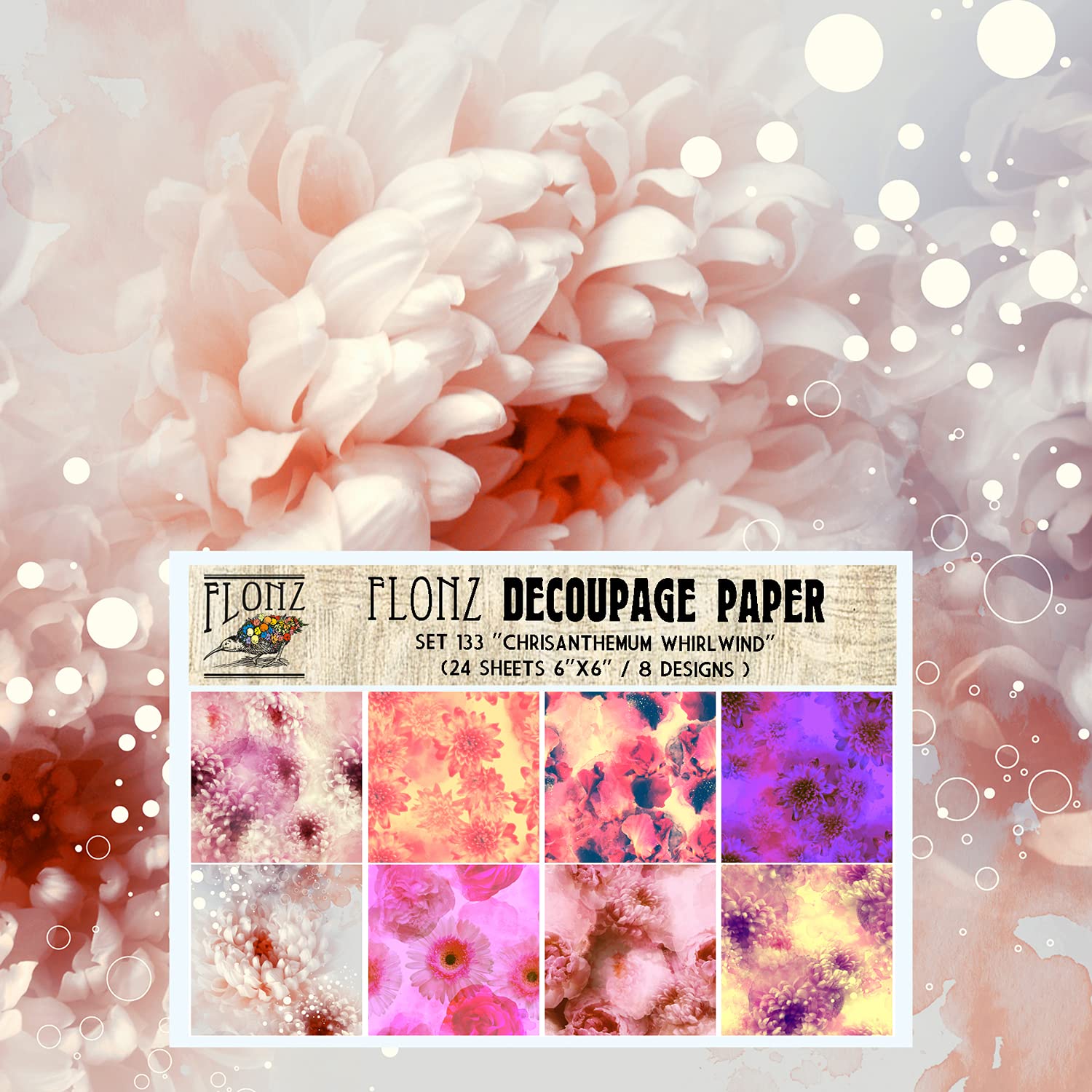 Decoupage Paper Pack (24 Sheets 6"x6") Chrysanthemum Whirlwind FLONZ Vintage Styled Seamless Pattern Paper for Decoupage, Craft and Scrapbooking Flowers Garden