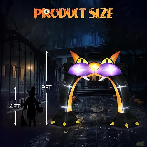 Miniatura 6 de VINGLI Decoraciones inflables de Halloween de 9 pies de alto, decoración de patio de Halloween de gato negro aterrador, luces LED integradas para