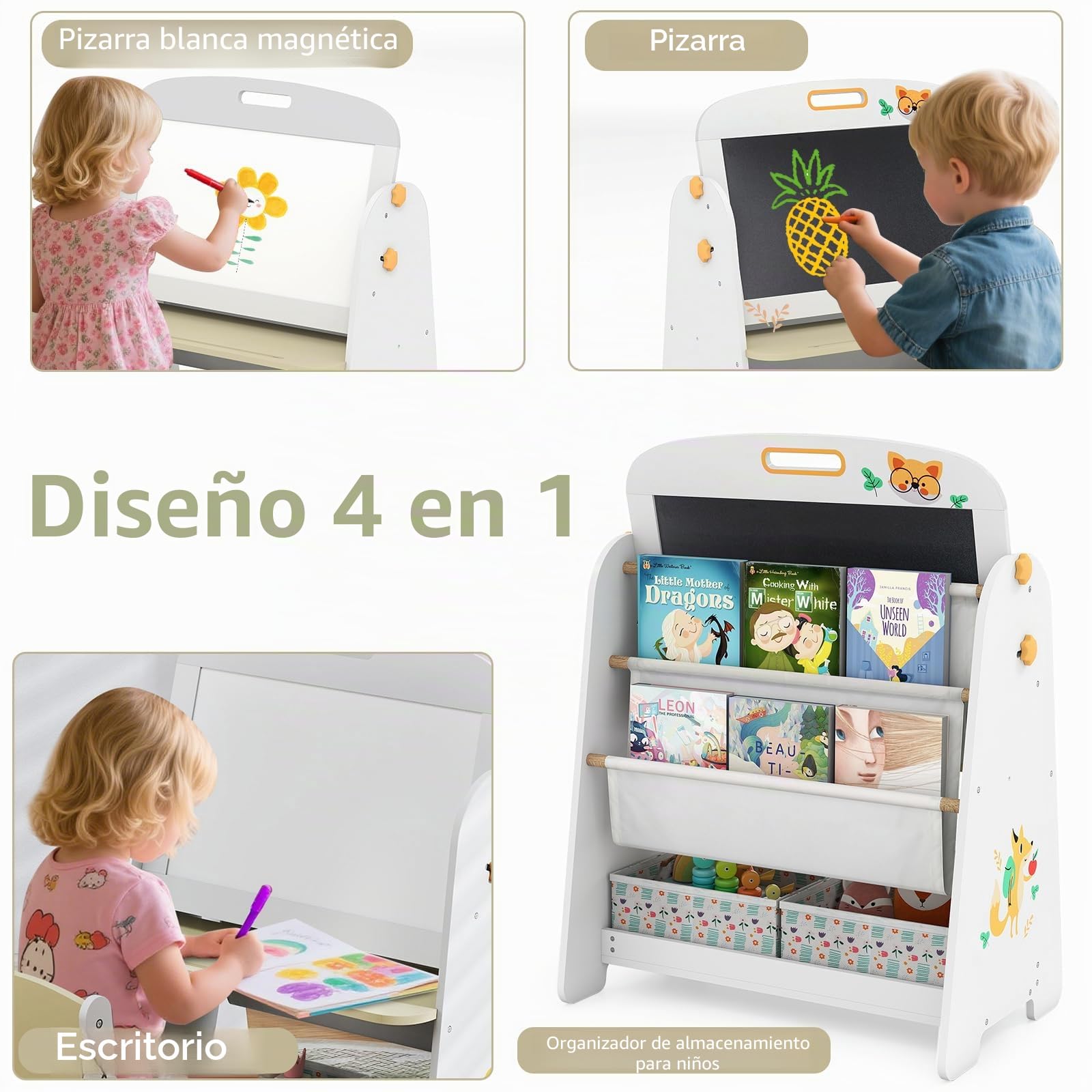 HOMASIS 4 en 1 Juego de Mesa Artística para Niños con Silla, Escritorio, Pizarra Magnética, Pizarra Negra y Estante, Caballete Ajustable en Ángulo con Goma y 5 Tizas (Natural)