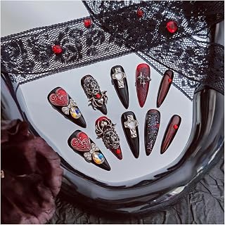 Handmade Press on Nails Holiday Fake Nails with Designs, Cross/Skull/Spider/Scary Bloody, Women Reusable False Nails (Black Red, M)