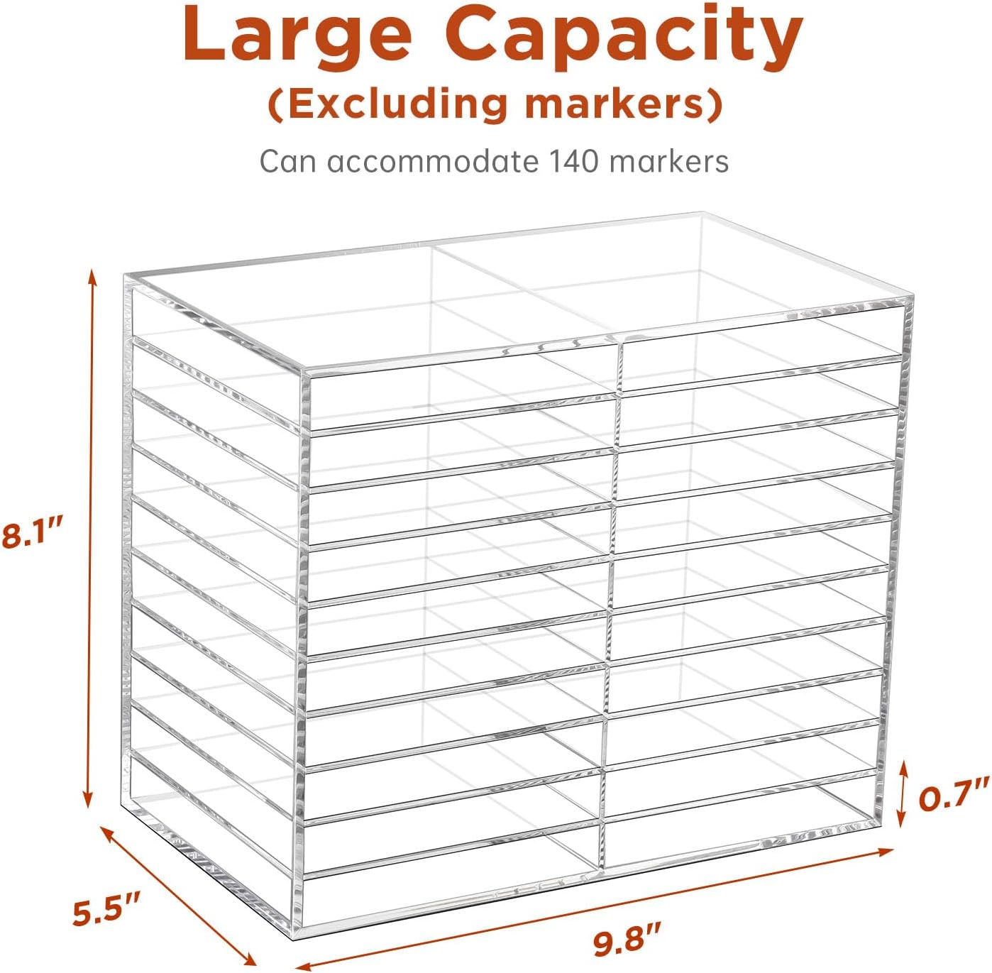 BEYGORM Horizontal Marker Organizer for 140 Markers, Acrylic Large Art Marker Storage Rack for Desk, Drawing Marker Organizer, Vertical Marker Holder Shelf for Acrylic Paint Pens
