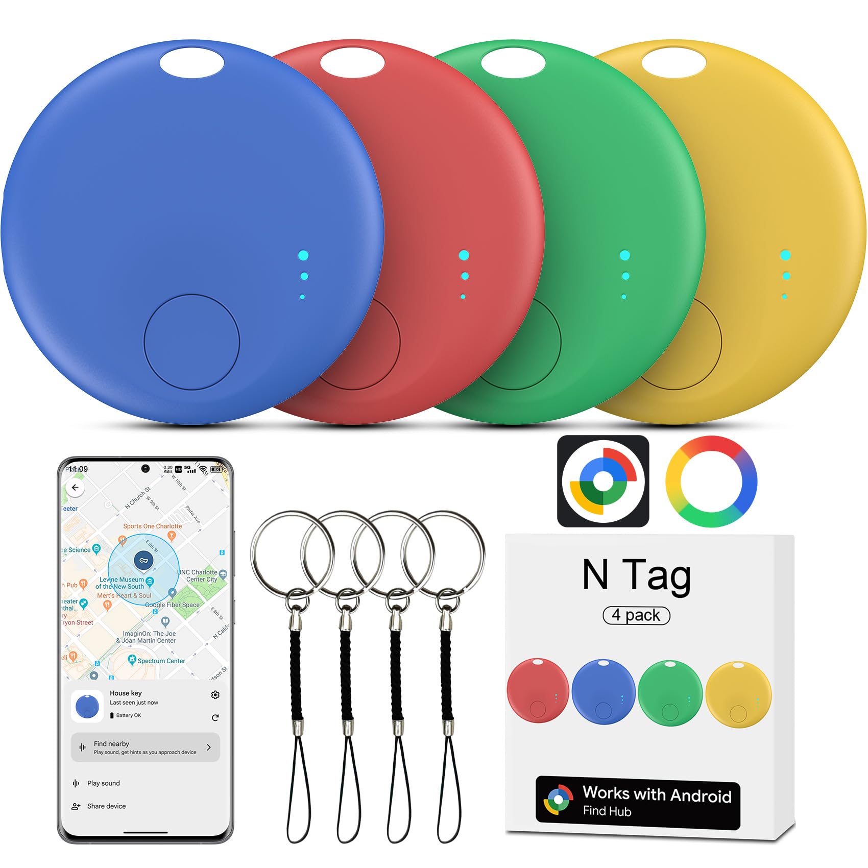 Airtag Android, 4 PCS Smart Tracker Tag GPS Localizzatore Chiavi Compatibile con Trova Dispositivo(Solo Android), Bluetooth Tracker Compatibile per Portafogli,Chiavi,Zaini, Animale