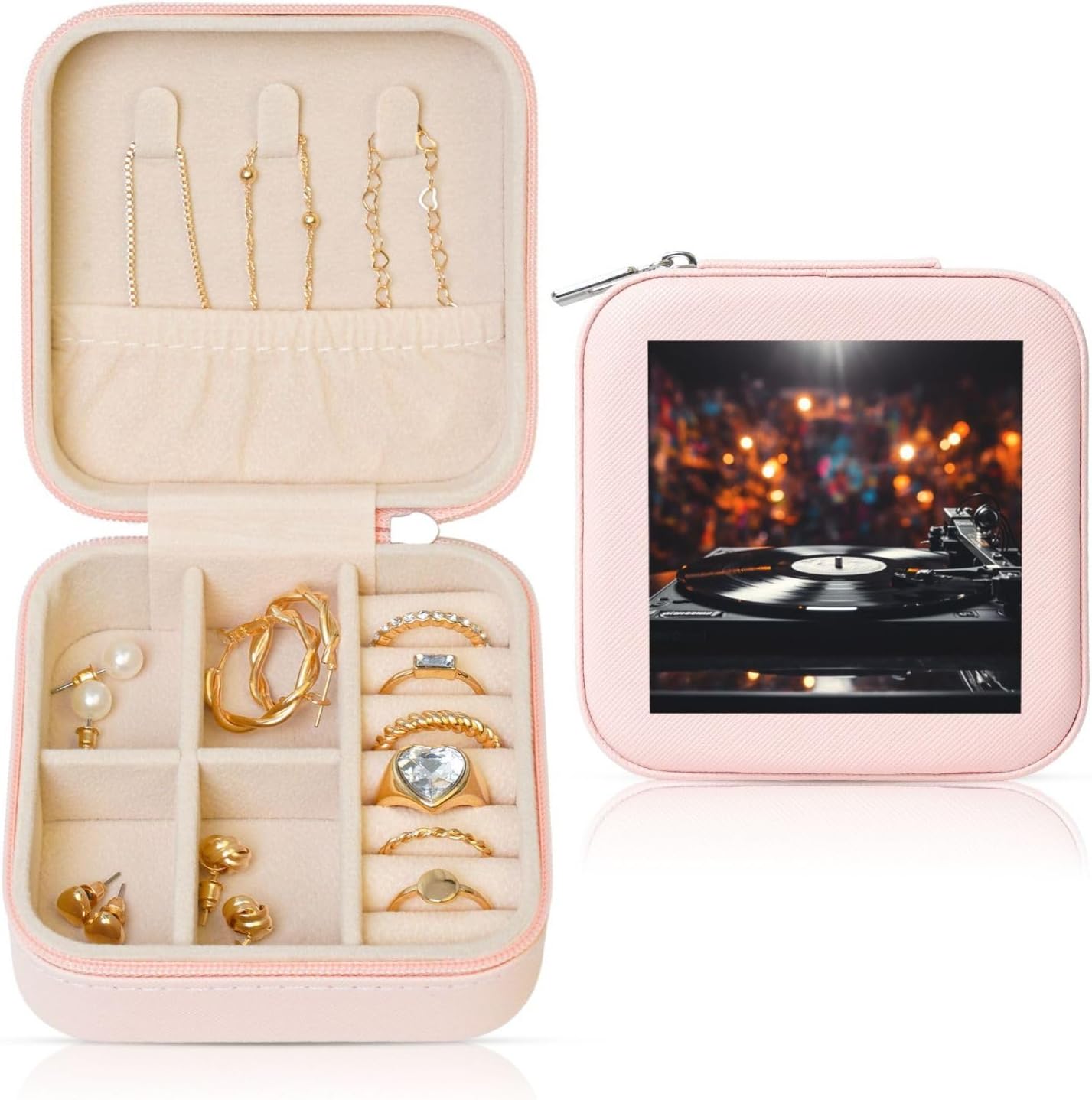 Jewelry Box for Women Leather Travel Jewelry Case Music Album Frame Portable Jewelry Organizer Box Mini Jewelry Travel Case with Zipper for Earrings Bracelets Rings Necklace