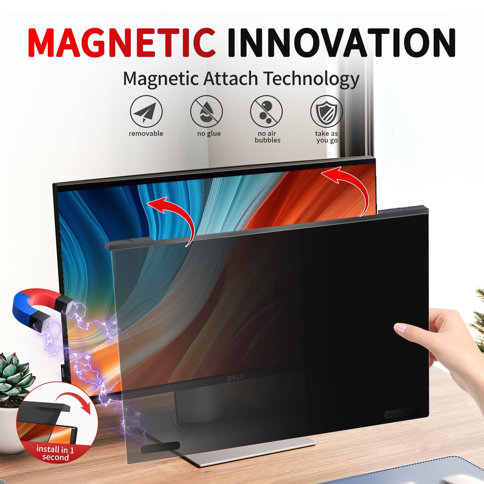 GUDTEKE Magnetic 24 Inch Computer Privacy Screen Filter, Aluminum Alloy Hanging Privacy Screen for Computer Monitor for 16:9 Monitor Removable Anti Blue Light Eye Protection