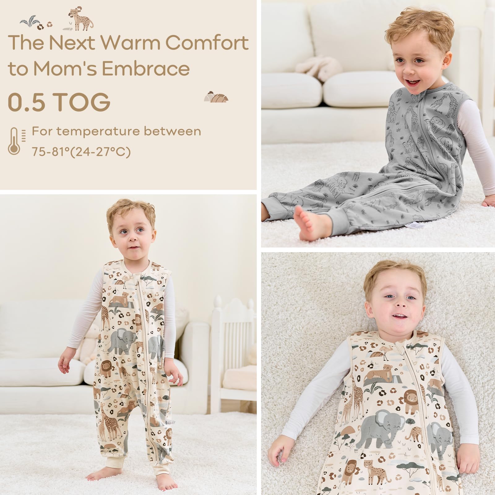 Unnivoll Sacco nanna con piedi, 0,5 Tog, sacco nanna estivo per bambini, in cotone, con gambe, morbido, 100 cm, per ragazzi e ragazze, beige, grigio, elefanti