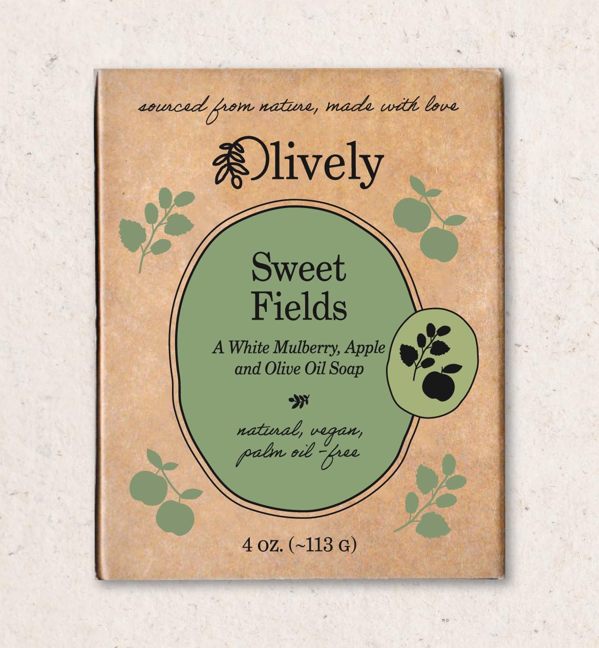 Olively Sweet Fields - Simple Ingredients - Cold Process - Vegan Soap Bar, White Mulberry Apple and Olive Oil, Palm Oil-Free, 4 oz