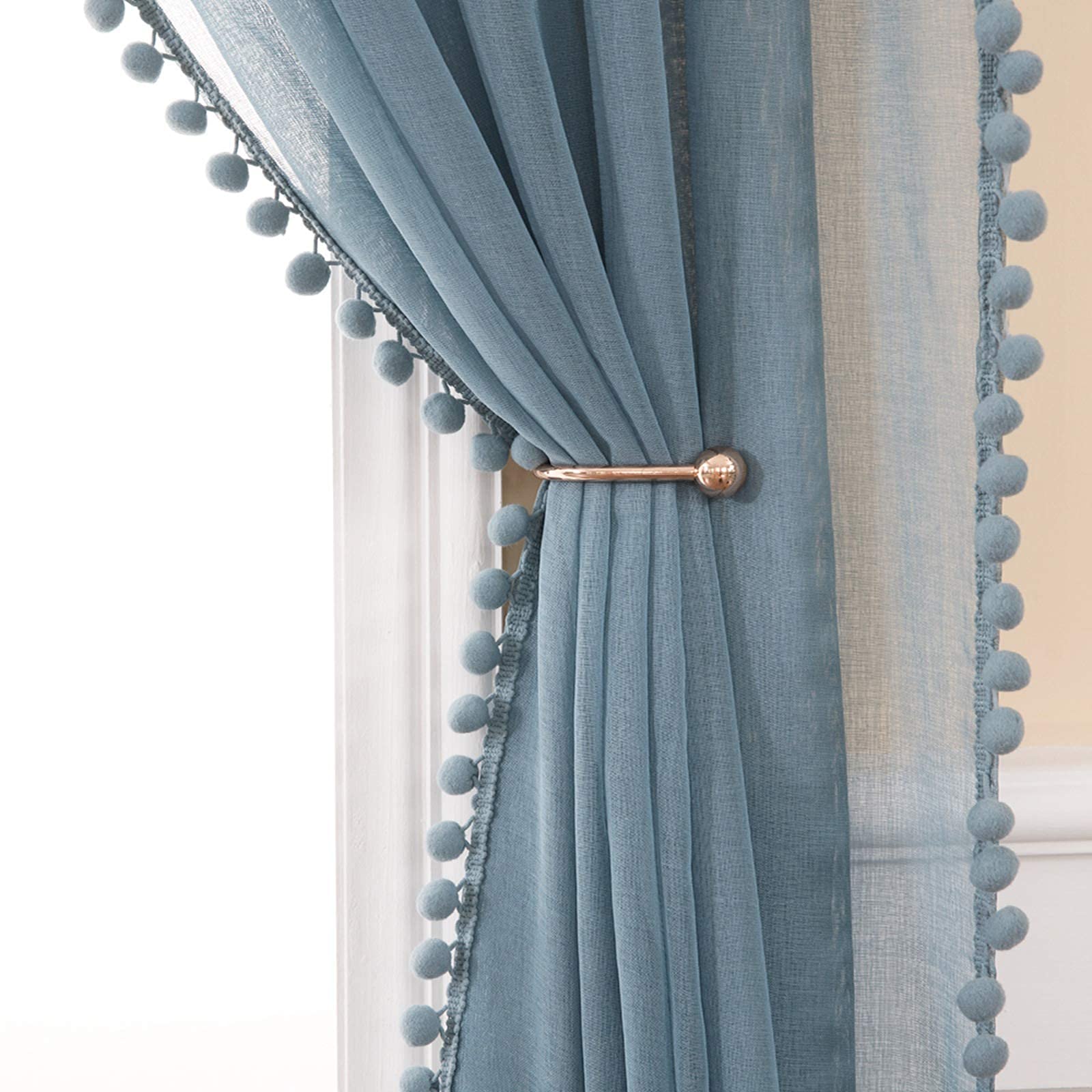 MIULEE Gardinen mit Pompons-Verspielte Blau Pompon Vorhänge für Kinderzimmer Junge, Transparent Gardinen mit Bommeln, Schlafzimmer Wohnzimmer Vorhang, 2 Stücke Gardinenschal, 2X H 145 X B 140cm