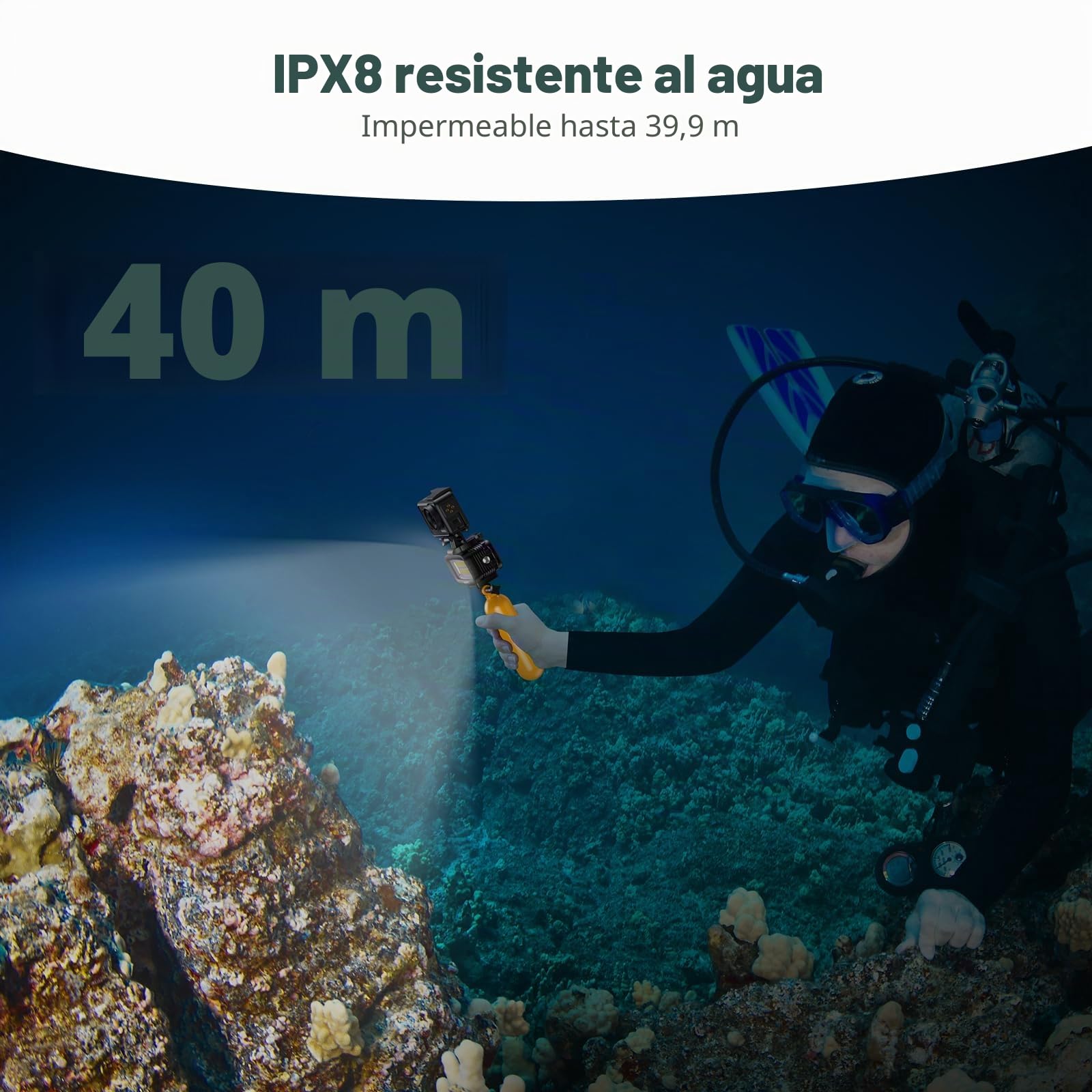 AKASO Luz subacuática de 131 pies (40 m) Luz de buceo impermeable de alta potencia regulable LED luz de video con soporte de zapata fría y 4 filtros de color para cámaras de acción Gopro/AKASO y
