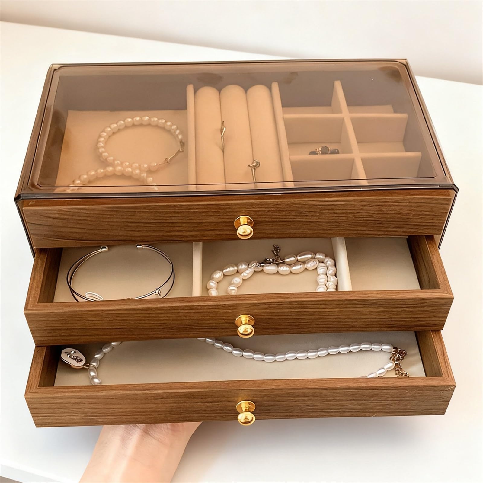Soporte de joyería Cajón multicapa del joyero grano de madera nogal