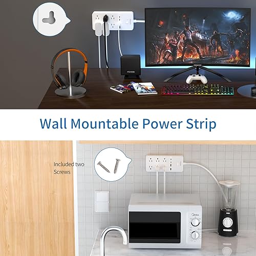 Miniatura 3 de Regleta de alimentación de 2 clavijas con cable de extensión de 10 pies, protector de sobretensiones de enchufe plano NTONPOWER con 6 tomas, 2