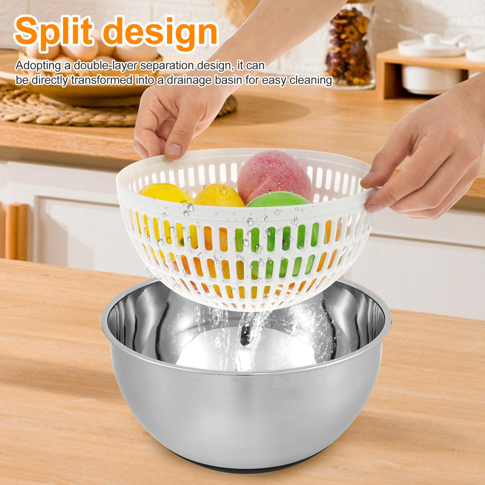 ZJRDYYK Stainless Steel Salad Spinner Large, Vegetable Washer Basket, Lettuce Spinner, Salad Spinner Stainless Steel with Bowl, Lettuce Cleaner and Dryer, Vegetable Dryer, Fruit Washer Spinner Bowl