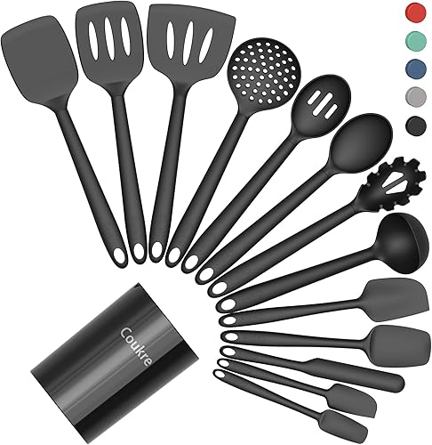 Coukre Juego de utensilios de cocina de silicona con soporte, resistentes al calor, herramientas de cocina de grado alimenticio, espátula, cuchara y
