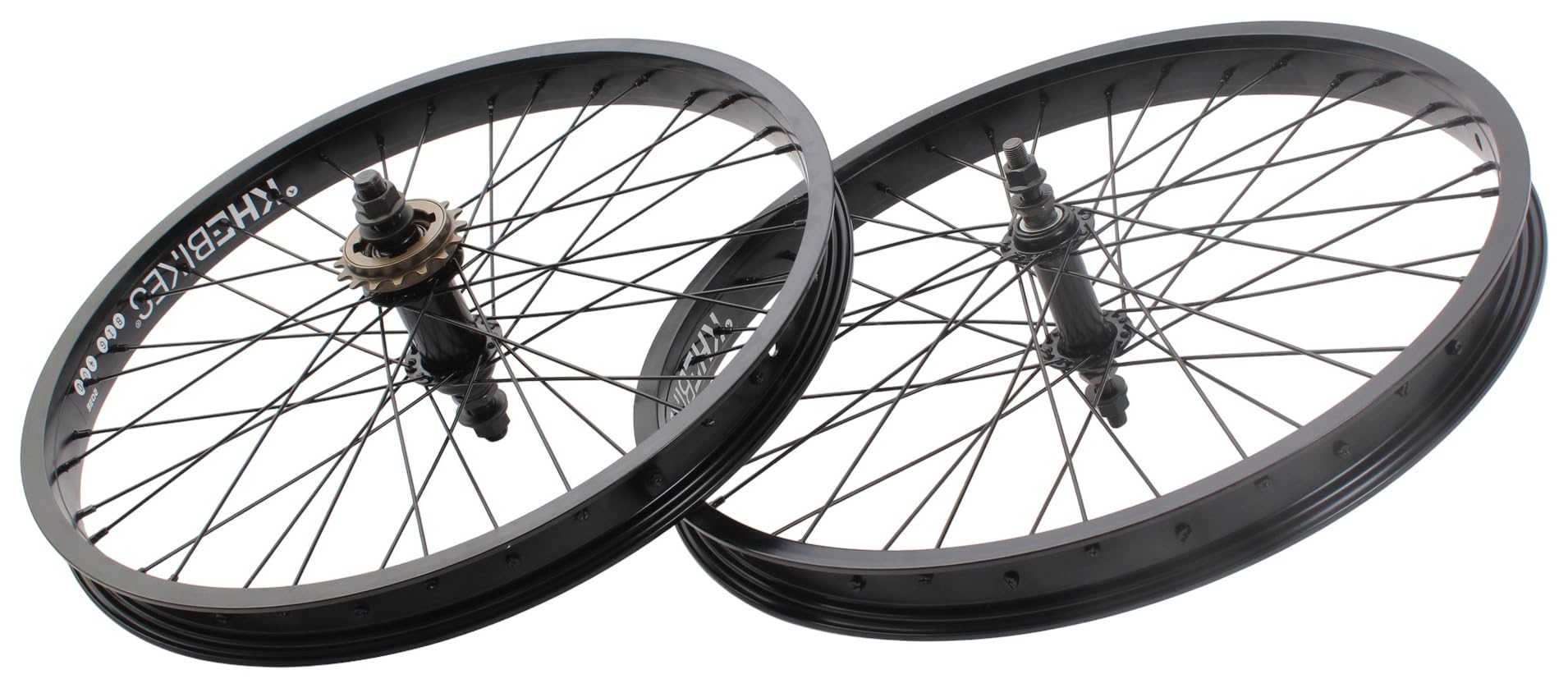 KHE Prism BMX zestaw kół 20 cali – czarny – przednie i tylne koło – oś 14 mm/10 mm – wolne koło 16T – 36H – 7005 aluminiowe felgi