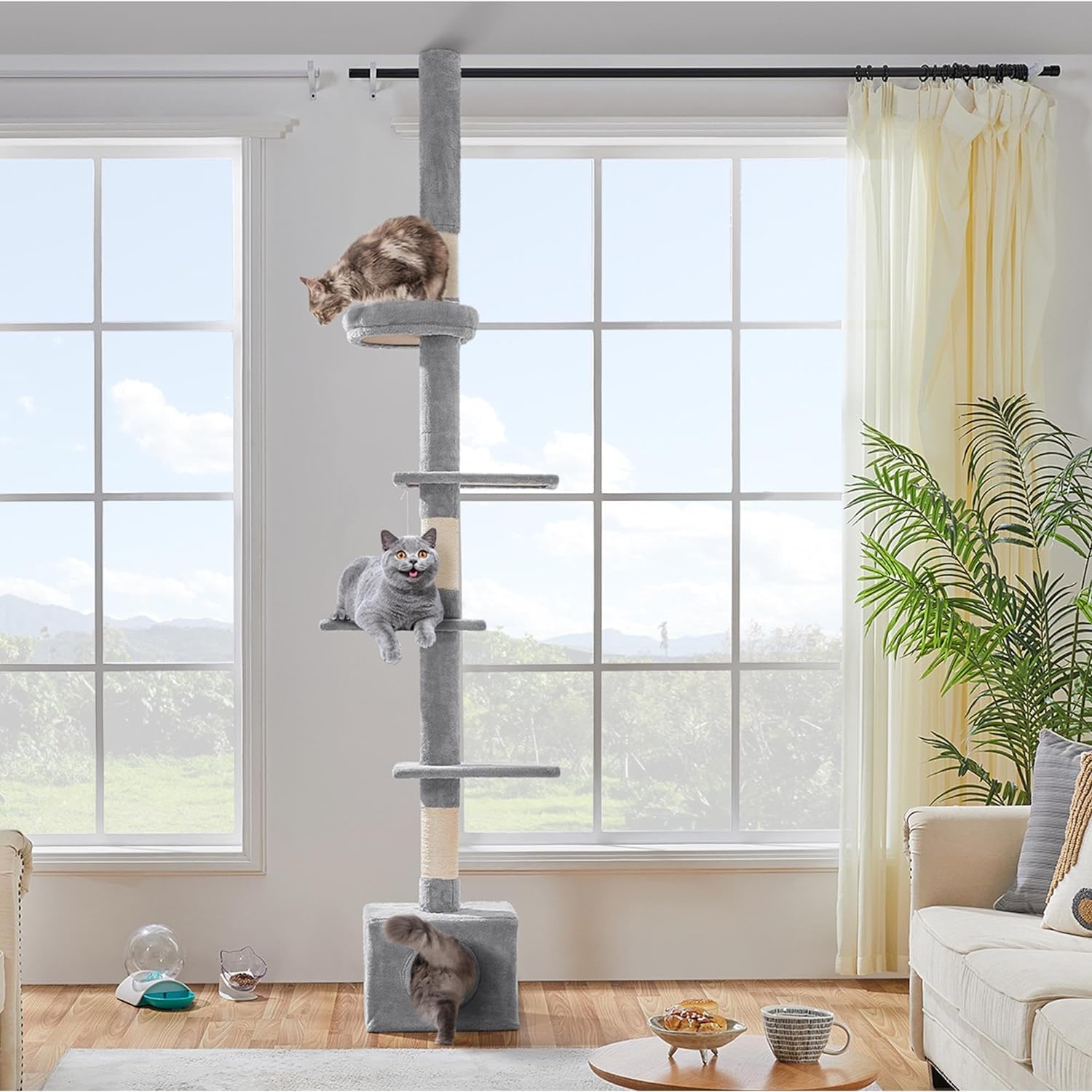 Yaheetech Albero Tiragraffi per Gatti a Soffitto con Altezza Regolabile da 226 cm a 265,5 cm Multilivello Condominio Giocattolo Grigio Chiaro