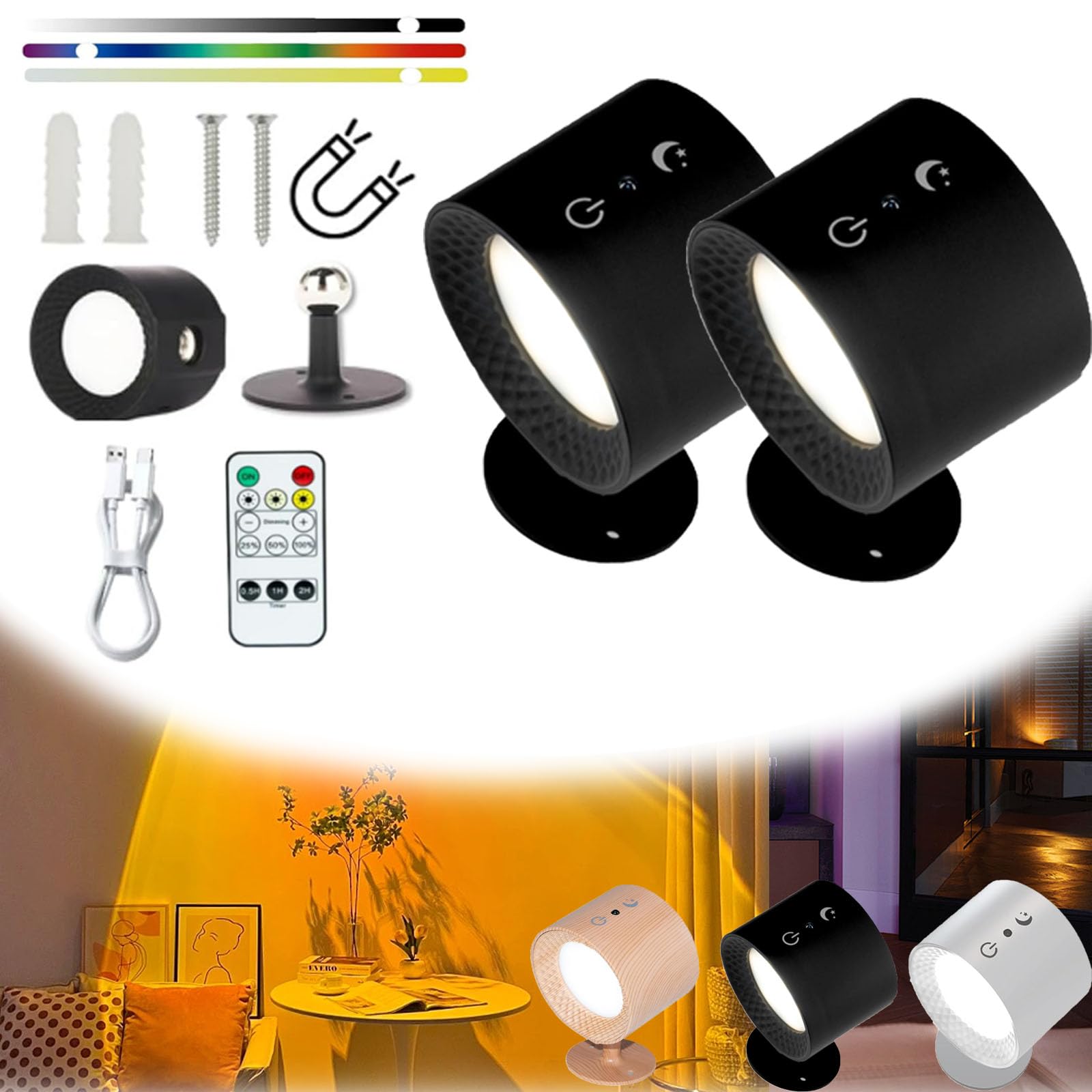 Yagerod Glow Right Wall Lights, 2-Pack Modern Black Magnetic Smart Wall Lights with 360° Rotation, Touch/Remote Control, RGB Colored Light, 15 cm x 15 cm x 15 cm