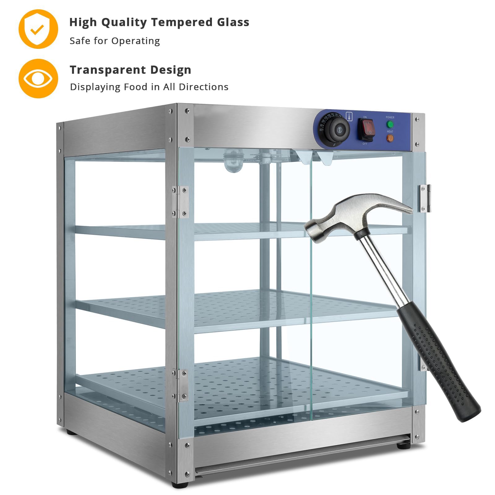 Vetrina riscaldante per Pizza a 3 Livelli, scaldavivande Elettrico da banco Professionale da 800 W con Illuminazione a LED, Ripiani Rimovibili, sportello in Vetro, vetrina per Pasticceria.