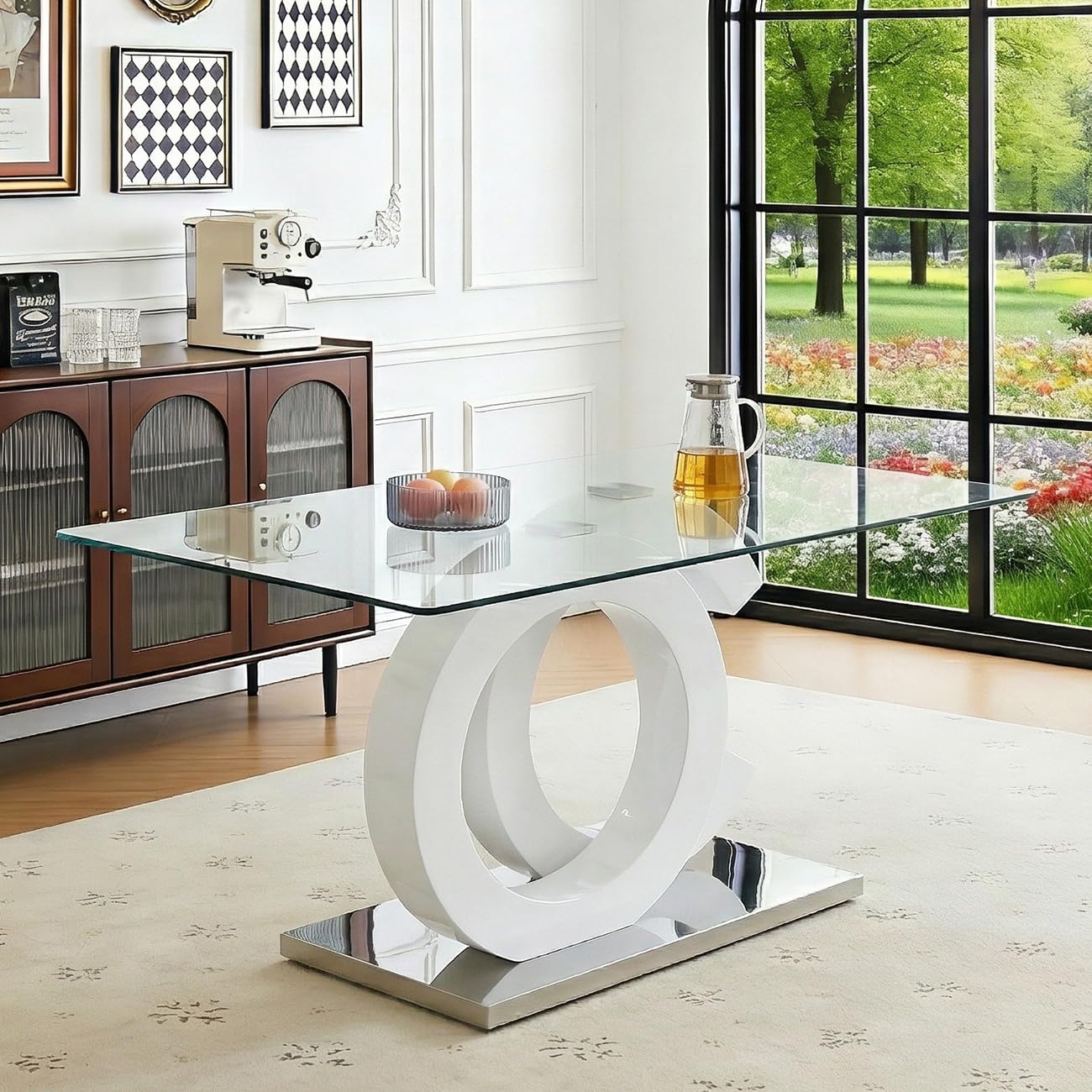 Ebullient 63" Glass Dining Table, Modern Rectangular Glass Kitchen Table, Tempered Glass Top with White OC Design Base Dining Room Table for 4-6，