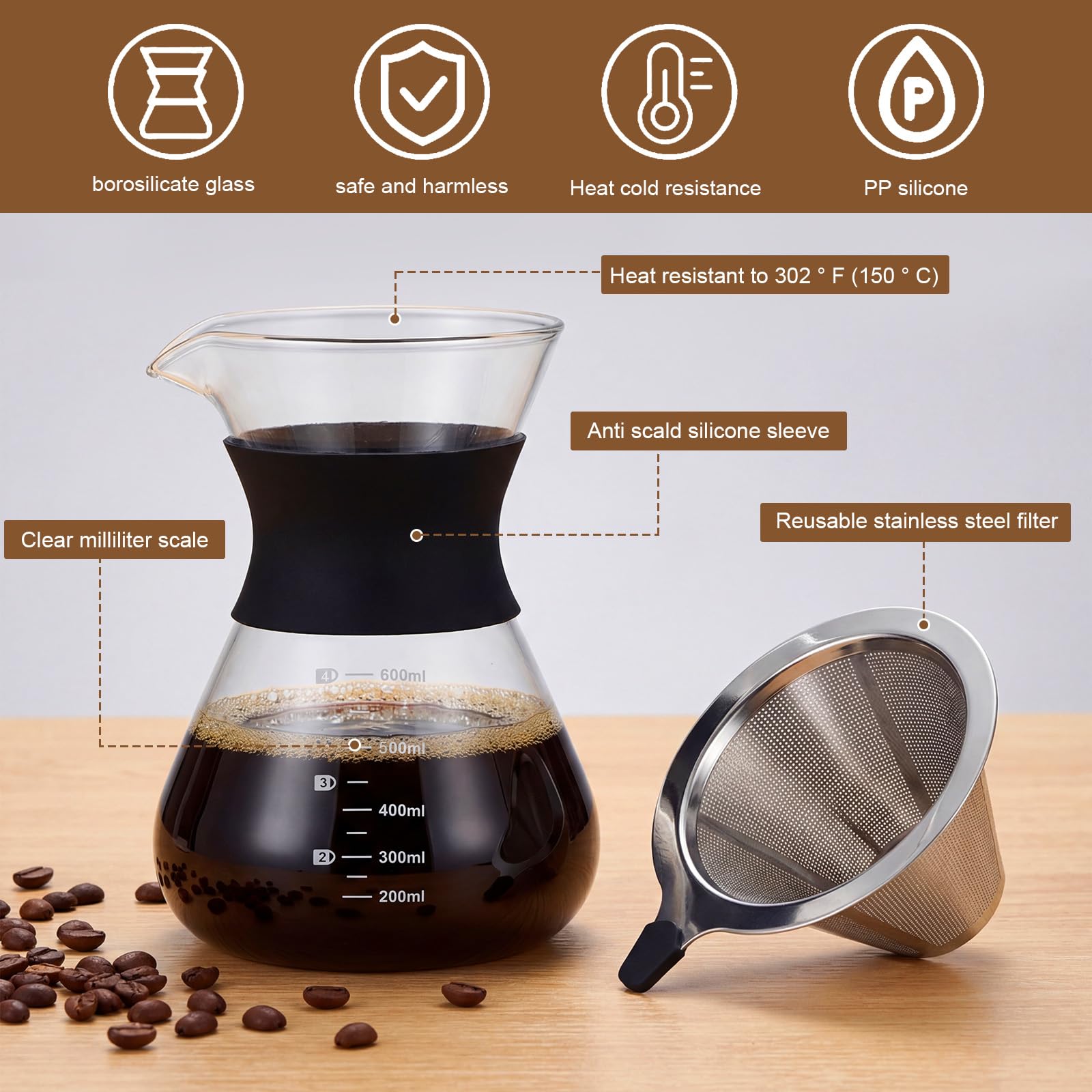 Caffettiera in Vetro 600ml, Macchina da Caffè Americana a Goccia Manuale, Pour Over Coffee Maker con Filtro Permanente in Acciaio Inossidabile Riutilizzabile, per Caffè Casa Ufficio