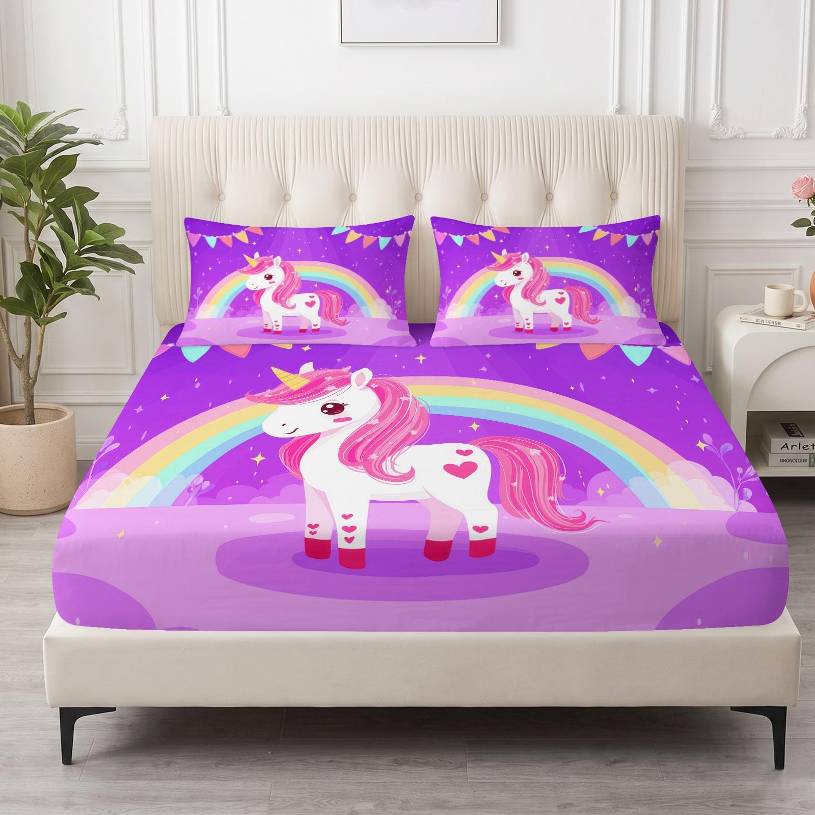 Juego de 3 sábanas bajeras ajustables de 160 x 200 cm para cama juvenil, de dibujos animados, de microfibra transpirable, sábana bajera con diseño de unicornio, arco iris y 2 fundas de almohada con