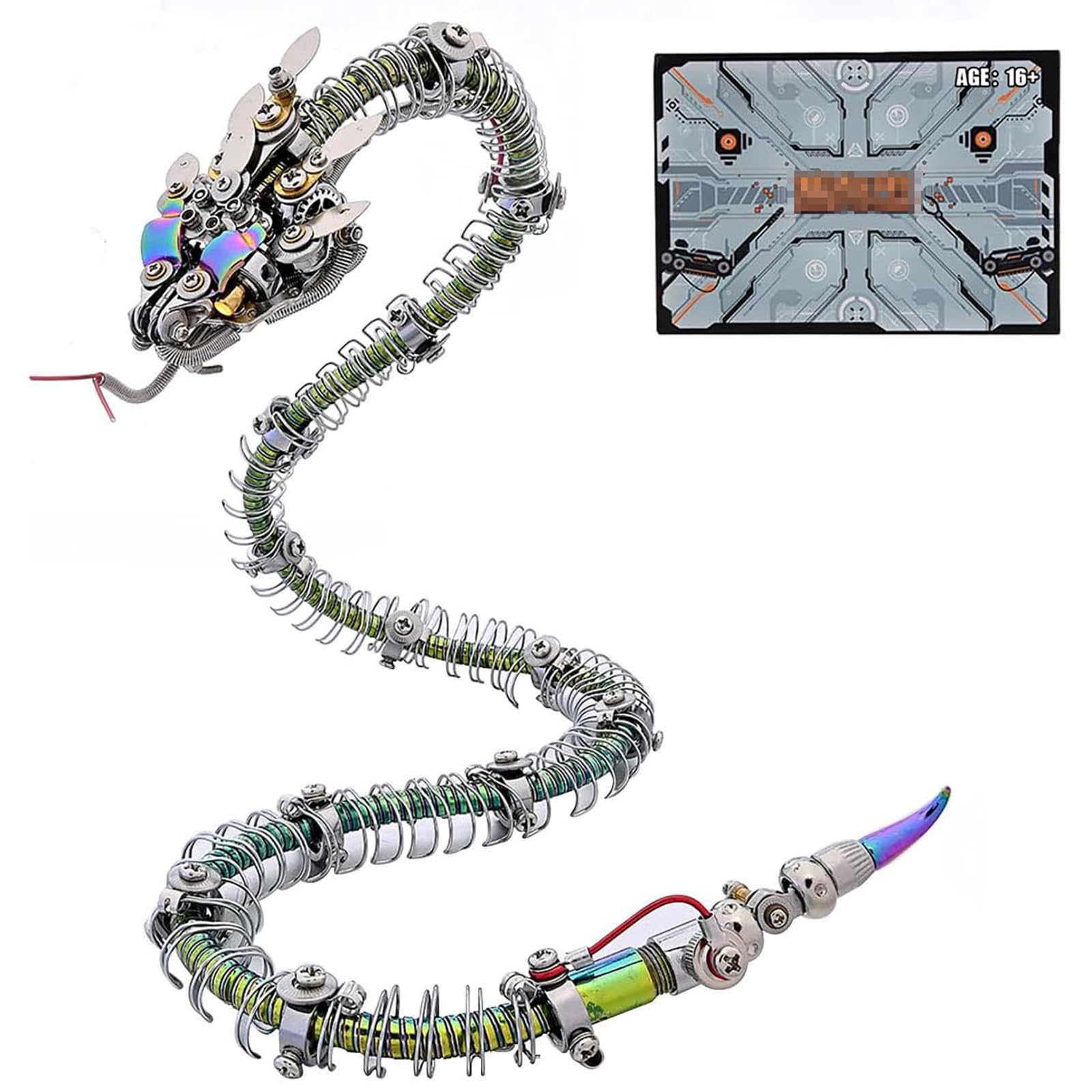 3D Metal Puzzle for Adults, DIY Mechanical Blue-Green Snake Assembly Model Kit with LED, Gift for Model Enthusiasts (500+PCS)