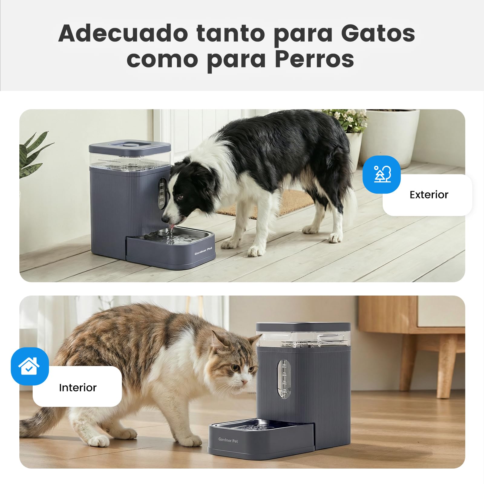 Gardner Pet dispensador Agua Gatos automático de 6.5L, Bebedero Perro automatico por Gravedad con Cuenco de Acero Inoxidable, dispensador de Agua para Perros, sin Electricidad, Libre de BPA - Gris
